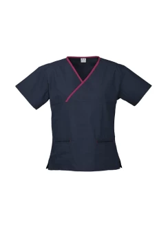 Ladies Contrast Crossover Scrubs Top H10722 Navy Fuchsia